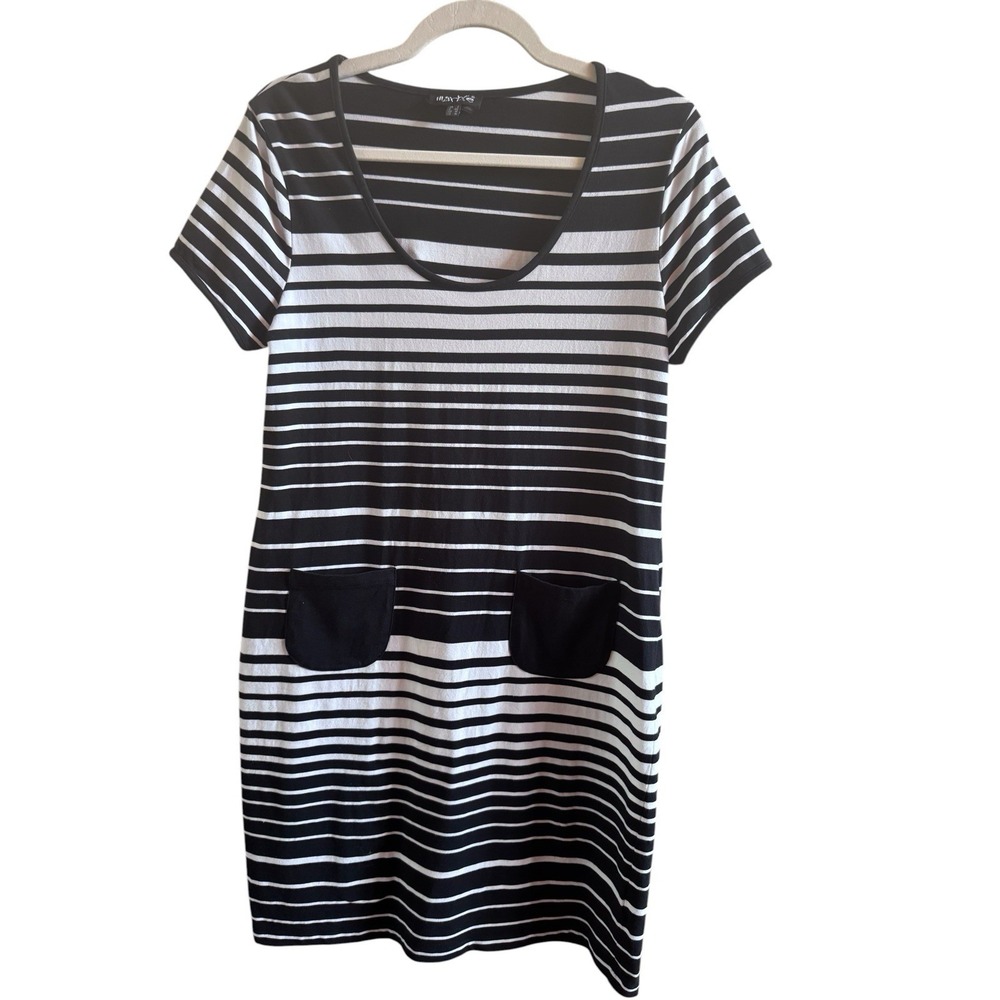 Marble UK Black White Striped Short‎ Sleeve Women's Med Dress Two Black Pockets